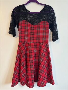 Estam Red & Black Plaid Skater Mini Dress With Lace Neckline Size Medium